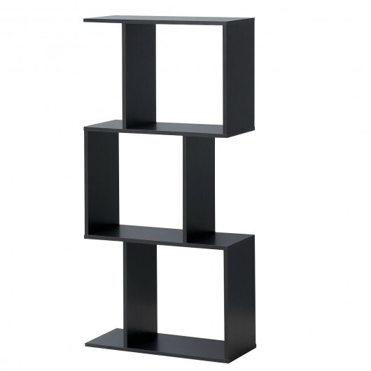 2/3/4 Tiers Wooden S-Shaped Bookcase for Living Room Bedroom Office-3-Tier - Color: Black - Size: 3-Tier