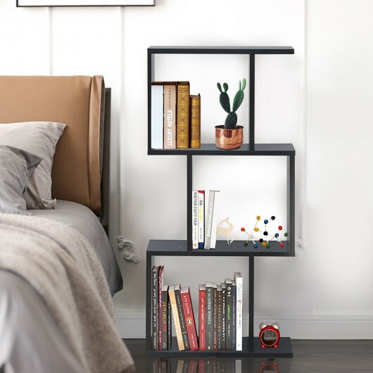 2/3/4 Tiers Wooden S-Shaped Bookcase for Living Room Bedroom Office-3-Tier - Color: Black - Size: 3-Tier - Image 2