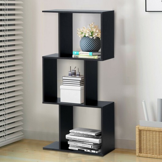 2/3/4 Tiers Wooden S-Shaped Bookcase for Living Room Bedroom Office-3-Tier - Color: Black - Size: 3-Tier - Image 3