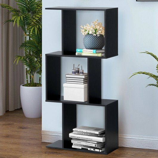 2/3/4 Tiers Wooden S-Shaped Bookcase for Living Room Bedroom Office-3-Tier - Color: Black - Size: 3-Tier - Image 5