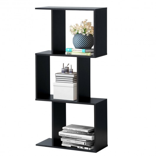 2/3/4 Tiers Wooden S-Shaped Bookcase for Living Room Bedroom Office-3-Tier - Color: Black - Size: 3-Tier - Image 6