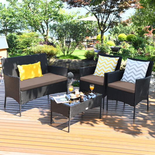 4 Pieces Patio Rattan Cushioned Sofa Set with Tempered Glass Coffee Table-Gray & Off White - Color: Gray & Off White - Image 3
