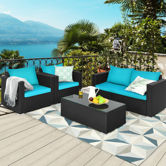 4Pcs Patio Rattan Cushioned Furniture Set-Turquoise - Color: Turquoise - Image 2