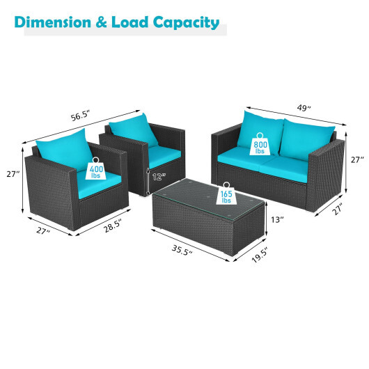 4Pcs Patio Rattan Cushioned Furniture Set-Turquoise - Color: Turquoise - Image 4
