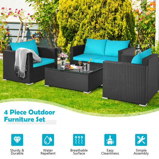 4Pcs Patio Rattan Cushioned Furniture Set-Turquoise - Color: Turquoise - Image 5