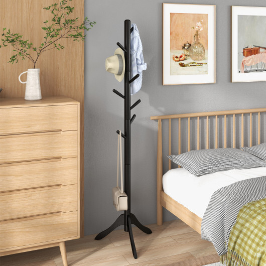 Adjustable Wooden Tree Coat Rack with 8 Hooks-Black - Color: Black - Image 3