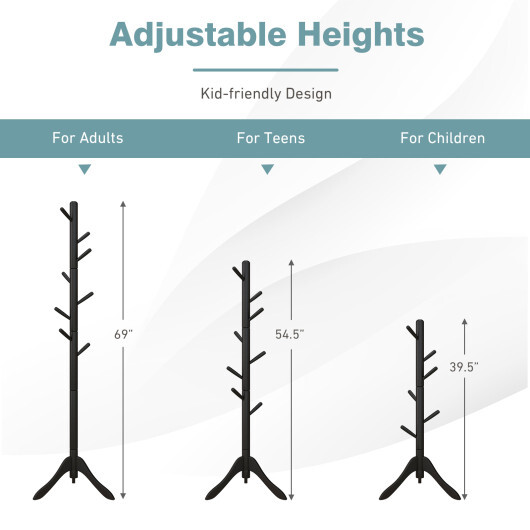 Adjustable Wooden Tree Coat Rack with 8 Hooks-Black - Color: Black - Image 4