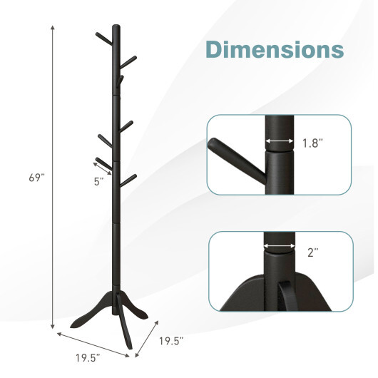 Adjustable Wooden Tree Coat Rack with 8 Hooks-Black - Color: Black - Image 5