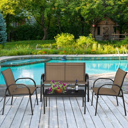 4 Pieces Patio Furniture Set with Glass Top Coffee Table-Brown - Color: Brown - Image 2