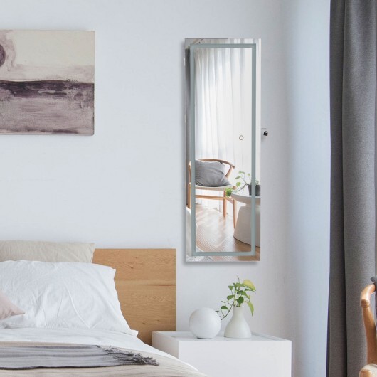 Mirrored Jewelry Armoire with Full Length Mirror and 2 Internal LED Lights-White - Color: White - Image 3