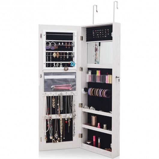 Mirrored Jewelry Armoire with Full Length Mirror and 2 Internal LED Lights-White - Color: White - Image 4