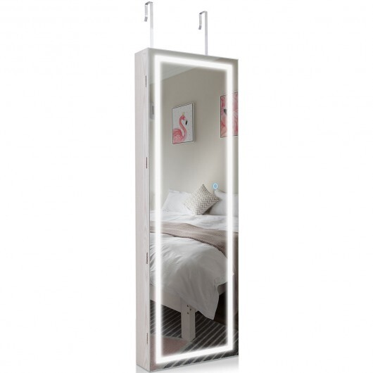Mirrored Jewelry Armoire with Full Length Mirror and 2 Internal LED Lights-White - Color: White - Image 5
