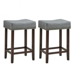 2 Pieces Nailhead Saddle Bar Stools with Fabric Seat and Wood Legs-Gray - Color: Gray