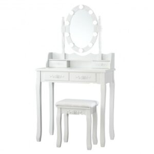 Makeup Dressing Table with Touch Switch Lighted Mirror and Cushioned Stool-White - Color: White