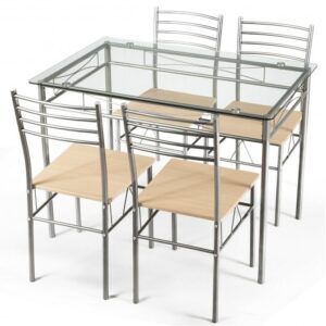 5 Pieces Dining Set Glass Table and 4 Chairs - Color: Natural