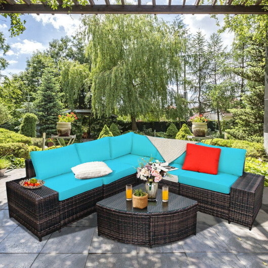 6 Piece Wicker Patio Sectional Sofa Set with Tempered Glass Coffee Table-Turquoise - Color: Turquoise - Image 2