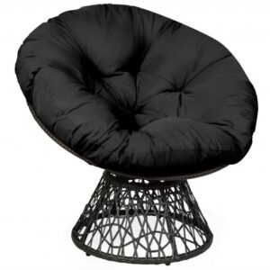 Rattan Papasan Chair Ergonomic 360-degree Swivel Soft Cushion Garden-Black - Color: Black