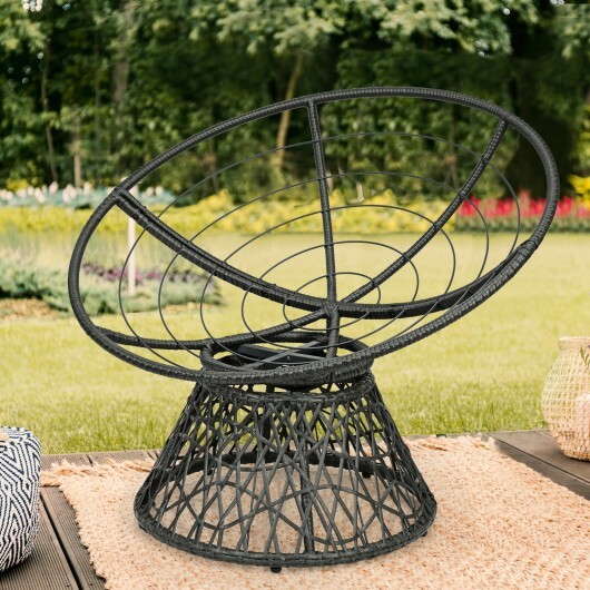 Rattan Papasan Chair Ergonomic 360-degree Swivel Soft Cushion Garden-Black - Color: Black - Image 4