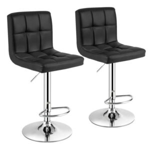 Set of 2 Square Swivel Adjustable PU Leather Bar Stools with Back and Footrest-Black - Color: Black