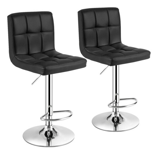 Set of 2 Square Swivel Adjustable PU Leather Bar Stools with Back and Footrest-Black - Color: Black