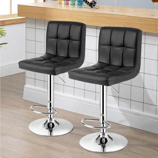 Set of 2 Square Swivel Adjustable PU Leather Bar Stools with Back and Footrest-Black - Color: Black - Image 2