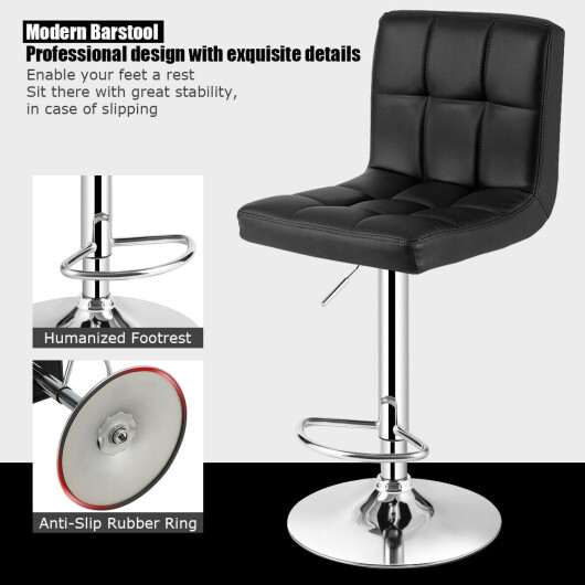 Set of 2 Square Swivel Adjustable PU Leather Bar Stools with Back and Footrest-Black - Color: Black - Image 5