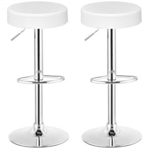 Set of 2 Adjustable Round PU Leather Swivel Barstool with Chrome Footrest-White - Color: White