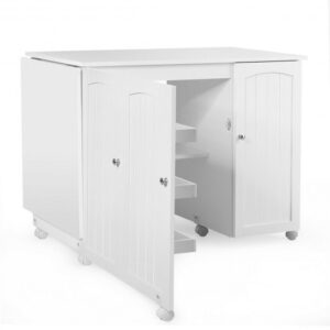 Folding Sewing Table Shelves Storage Cabinet Craft Cart with Wheels-White - Color: White