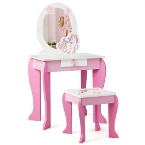 Kids Wooden Makeup Dressing Table and Chair Set with Mirror and Drawer-Pink - Color: Pink