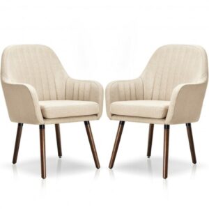 Set of 2 Fabric Upholstered Accent Chairs with Wooden Legs-Beige - Color: Beige
