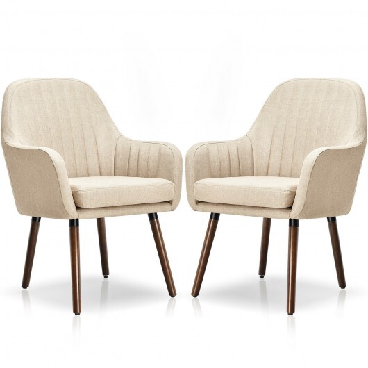 Set of 2 Fabric Upholstered Accent Chairs with Wooden Legs-Beige - Color: Beige
