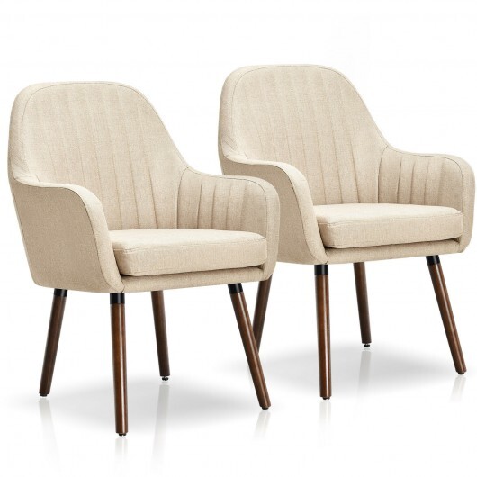 Set of 2 Fabric Upholstered Accent Chairs with Wooden Legs-Beige - Color: Beige - Image 4