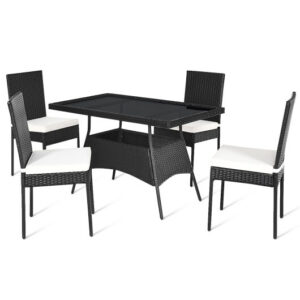 5 Pieces Outdoor Patio Rattan Dining Set with Glass Top with Cushions - Color: Black