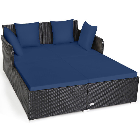 Spacious Outdoor Rattan Daybed with Upholstered Cushions and Pillows-Navy - Color: Navy