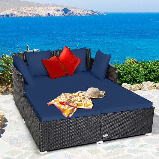 Spacious Outdoor Rattan Daybed with Upholstered Cushions and Pillows-Navy - Color: Navy - Image 2