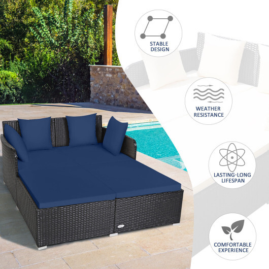 Spacious Outdoor Rattan Daybed with Upholstered Cushions and Pillows-Navy - Color: Navy - Image 3