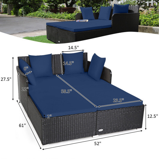 Spacious Outdoor Rattan Daybed with Upholstered Cushions and Pillows-Navy - Color: Navy - Image 4