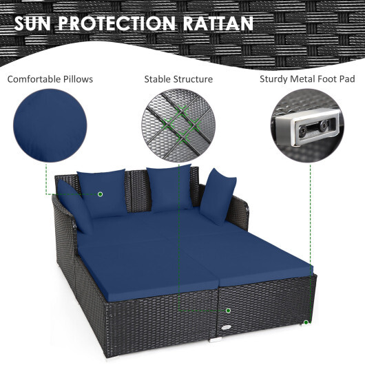 Spacious Outdoor Rattan Daybed with Upholstered Cushions and Pillows-Navy - Color: Navy - Image 5