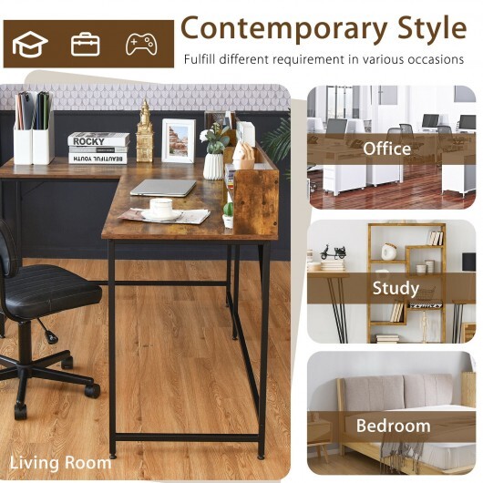 5.5 Inch L-shaped Computer Desk with Bookshelf-Rustic Brown - Color: Rustic Brown - Image 5