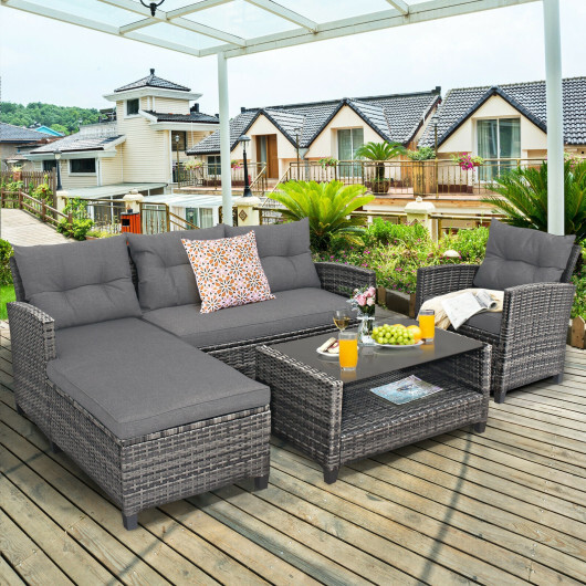 4 Pieces Patio Rattan Furniture Set with Cushion and Table Shelf-Gray - Color: Gray - Image 2