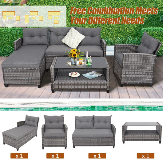 4 Pieces Patio Rattan Furniture Set with Cushion and Table Shelf-Gray - Color: Gray - Image 3