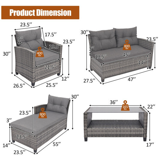 4 Pieces Patio Rattan Furniture Set with Cushion and Table Shelf-Gray - Color: Gray - Image 4