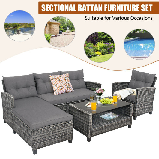 4 Pieces Patio Rattan Furniture Set with Cushion and Table Shelf-Gray - Color: Gray - Image 5