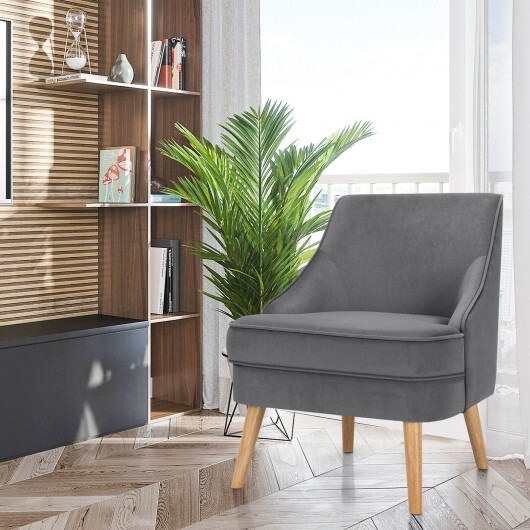 Mid Century Velvet Accent Chair with Rubber Wood Legs for Bedroom-Gray - Color: Gray - Image 2