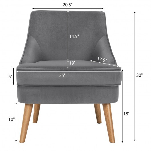 Mid Century Velvet Accent Chair with Rubber Wood Legs for Bedroom-Gray - Color: Gray - Image 4