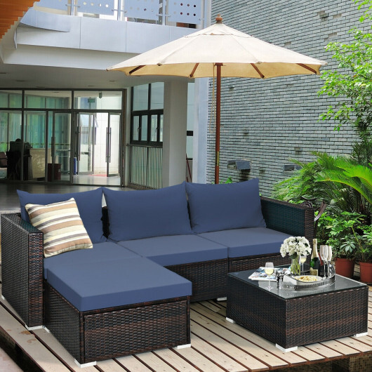 5 Pieces Patio Rattan Sectional Furniture Set with Cushions and Coffee Table -Navy - Color: Navy - Image 2