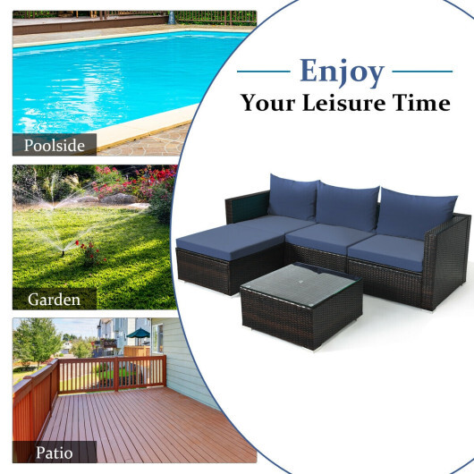 5 Pieces Patio Rattan Sectional Furniture Set with Cushions and Coffee Table -Navy - Color: Navy - Image 3