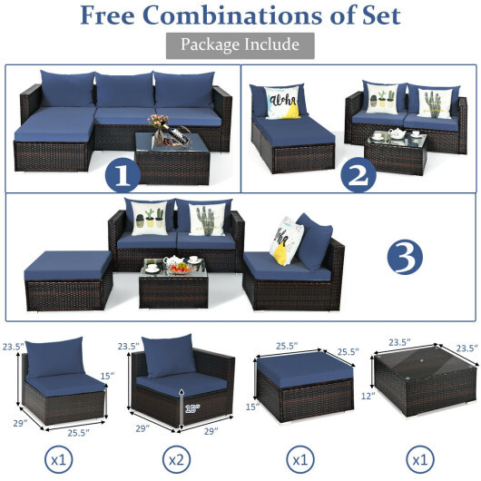 5 Pieces Patio Rattan Sectional Furniture Set with Cushions and Coffee Table -Navy - Color: Navy - Image 4