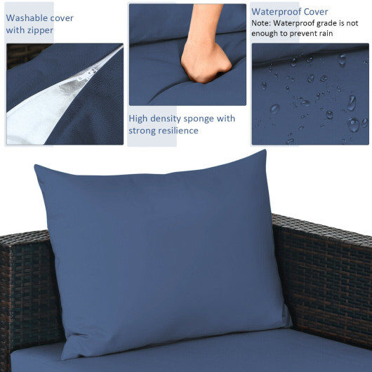5 Pieces Patio Rattan Sectional Furniture Set with Cushions and Coffee Table -Navy - Color: Navy - Image 5