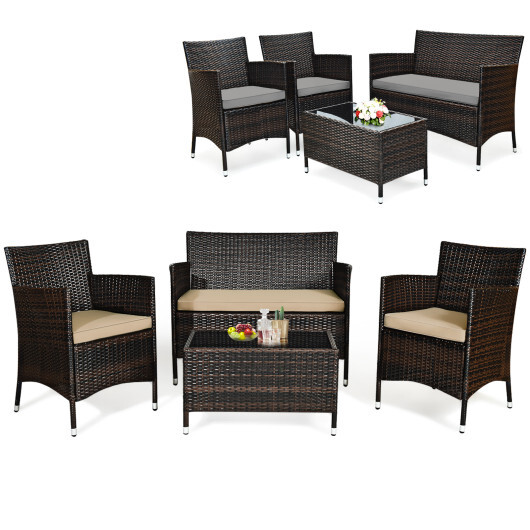 4 Pieces Comfortable Outdoor Rattan Sofa Set with Glass Coffee Table-Beige & Gray - Color: Beige & Gray - Image 3